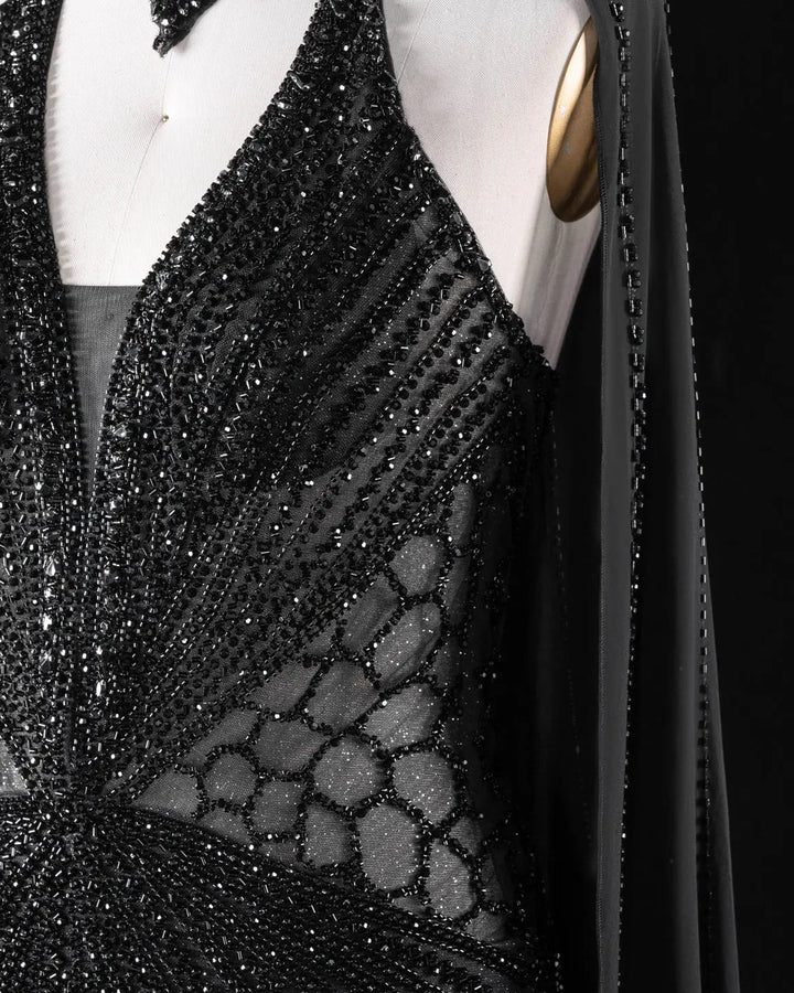 Dreamy Vow Beaded Cape Evening Gown with Illusion Waist SS049