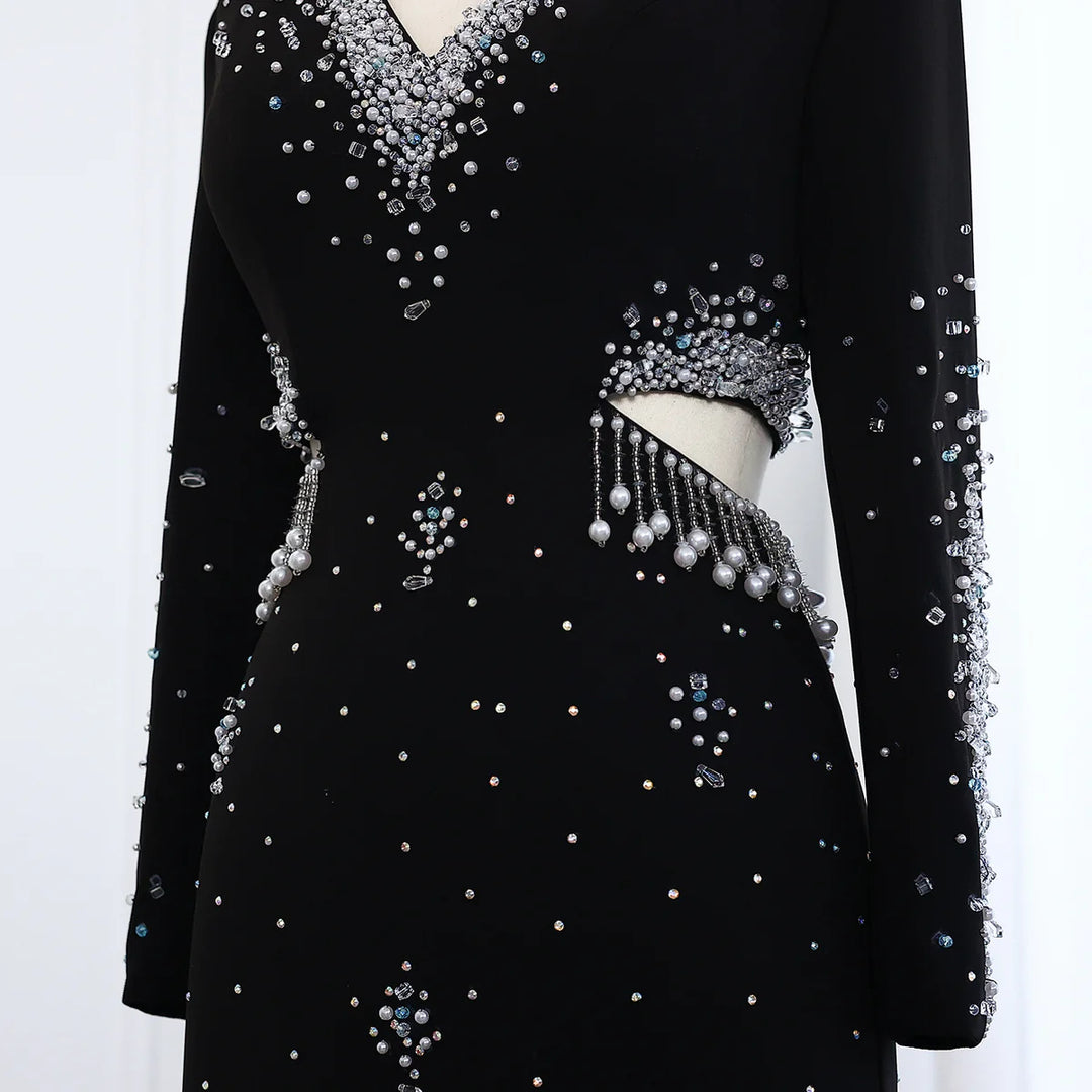 Elegant Black Pearl-Embellished Long Sleeve Prom Dress XD019