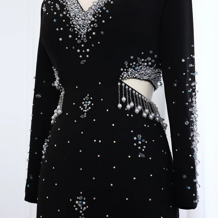 Elegant Black Pearl-Embellished Long Sleeve Prom Dress XD019