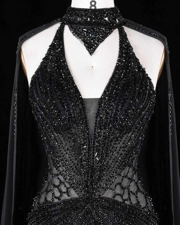 Dreamy Vow Beaded Cape Evening Gown with Illusion Waist SS049