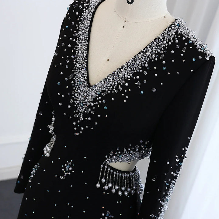 Elegant Black Pearl-Embellished Long Sleeve Prom Dress XD019