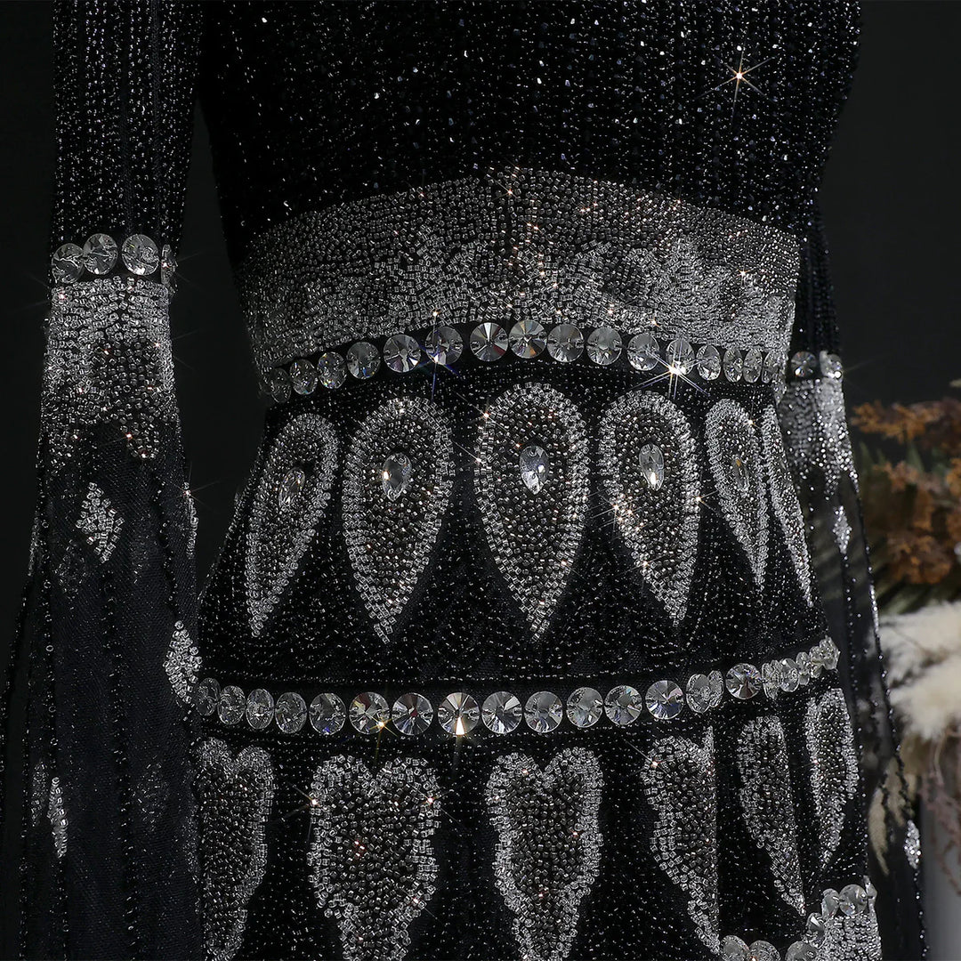 Luxury Crystal Embellished Cape Long Sleeve Evening Dress SS009