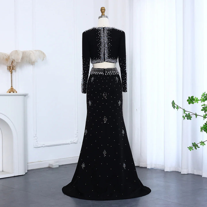 Elegant Black Pearl-Embellished Long Sleeve Prom Dress XD019