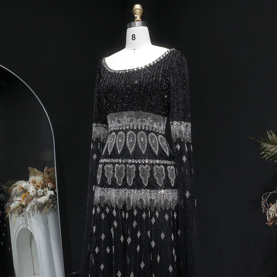 Luxury Crystal Embellished Cape Long Sleeve Evening Dress SS009