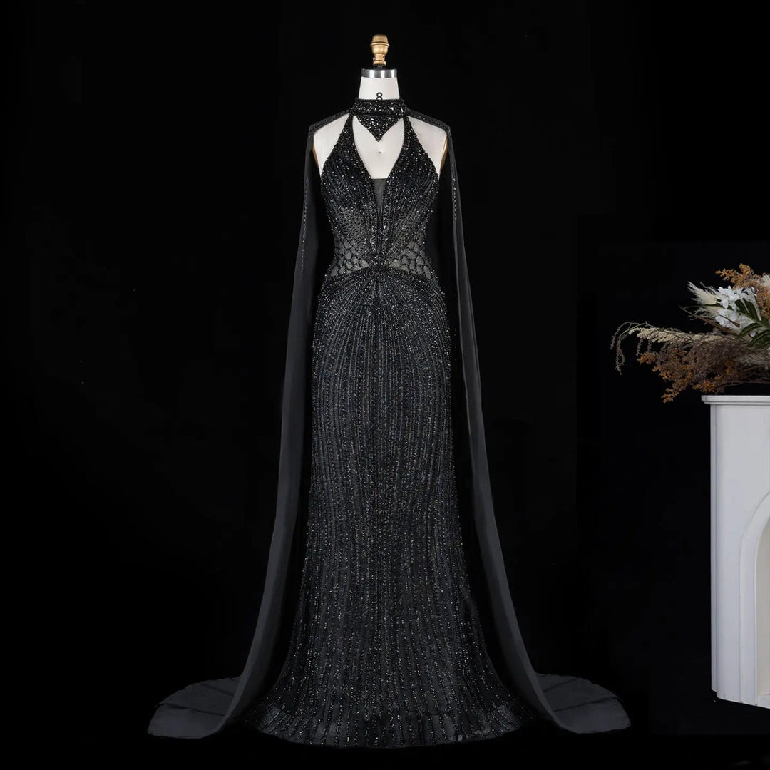 Dreamy Vow Beaded Cape Evening Gown with Illusion Waist SS049