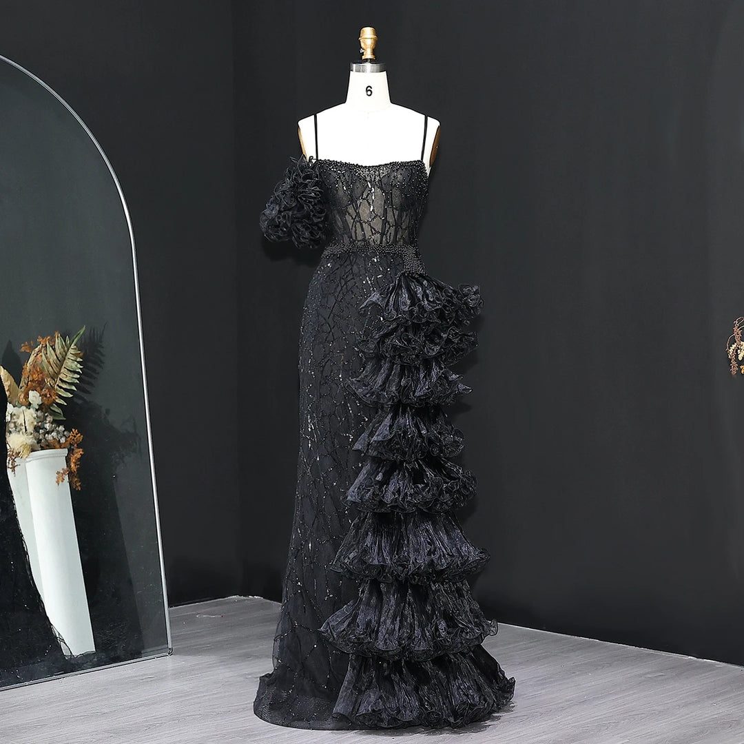 Elegant Gold Evening Dress with Tiered Ruffles SS046