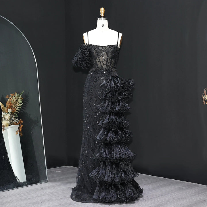 Elegant Gold Evening Dress with Tiered Ruffles SS046