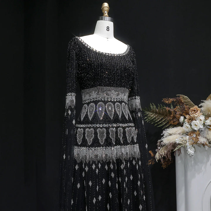 Luxury Crystal Embellished Cape Long Sleeve Evening Dress SS009