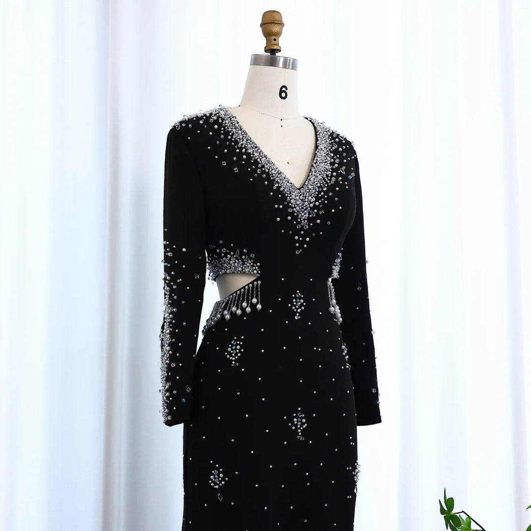 Elegant Black Pearl-Embellished Long Sleeve Prom Dress XD019