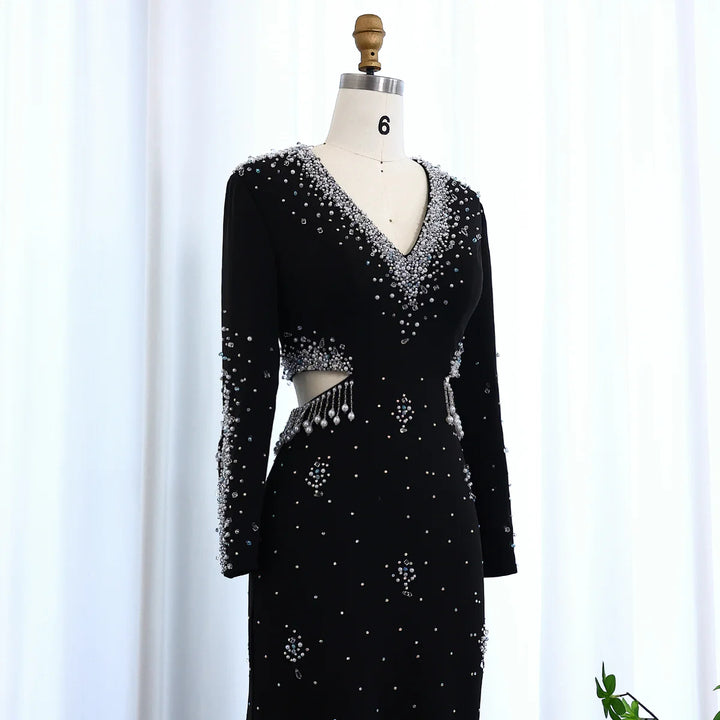 Elegant Black Pearl-Embellished Long Sleeve Prom Dress XD019