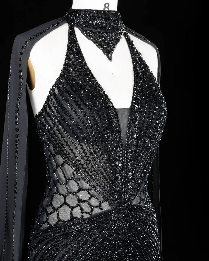 Dreamy Vow Beaded Cape Evening Gown with Illusion Waist SS049