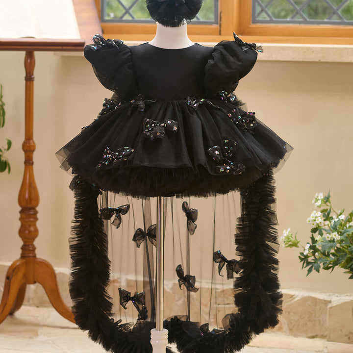 Butterfly Bow Puff Sleeve High-Low Flower Girl Dress with Tulle Train J508