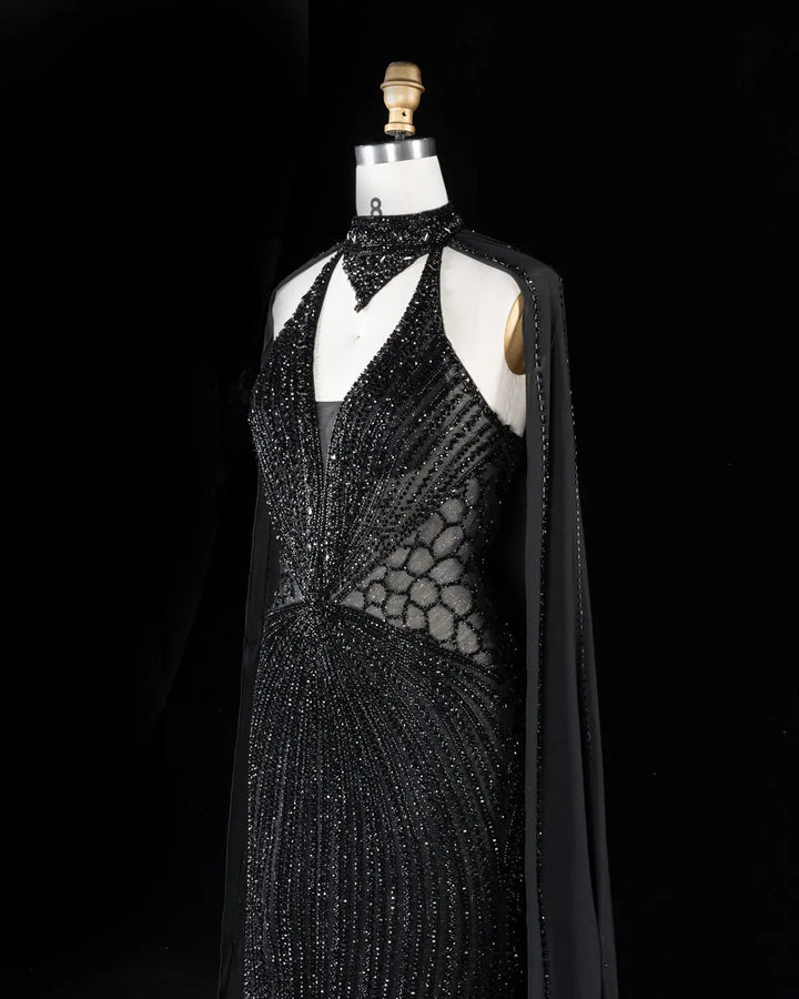Dreamy Vow Beaded Cape Evening Gown with Illusion Waist SS049