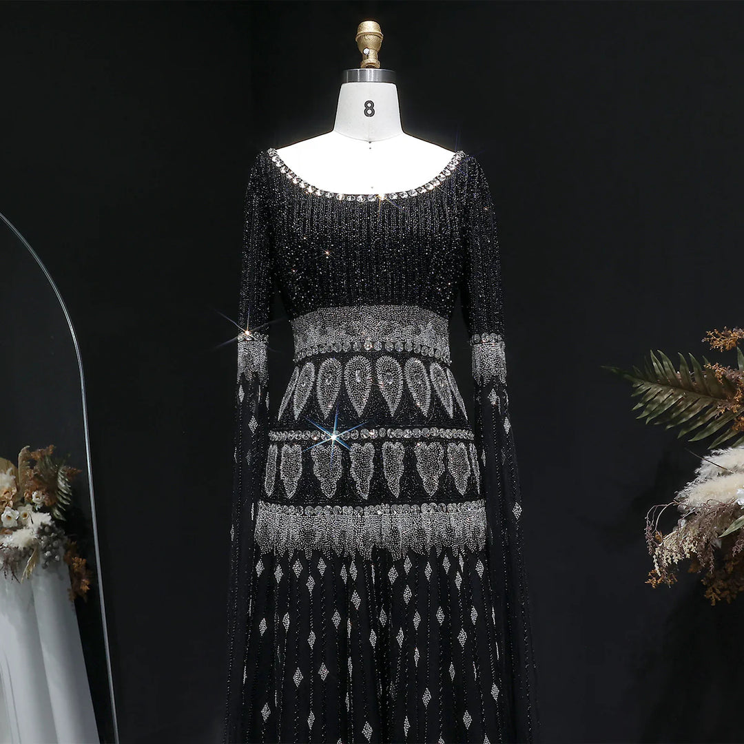 Luxury Crystal Embellished Cape Long Sleeve Evening Dress SS009