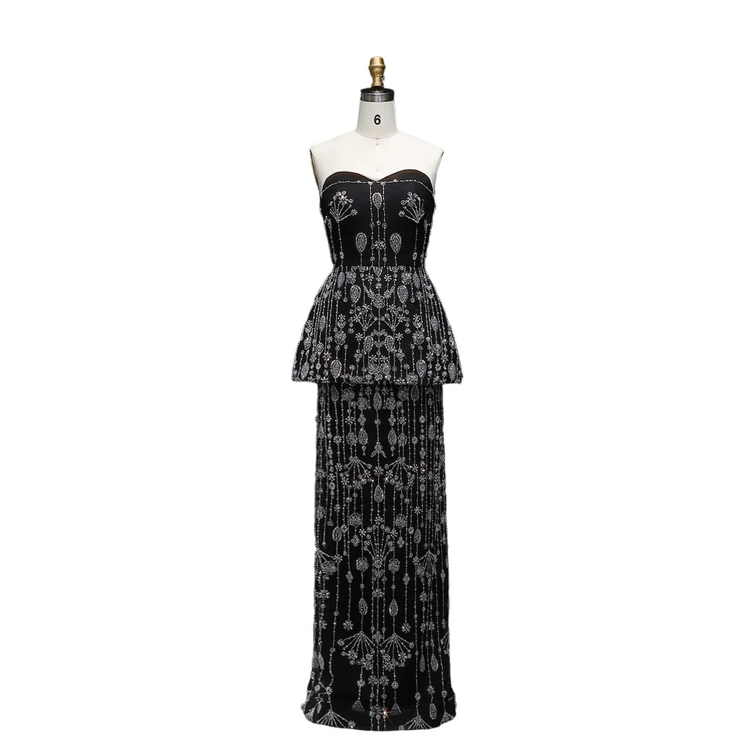 Elegant Black Strapless Evening Dress with Beaded Peplum Overlay SS635