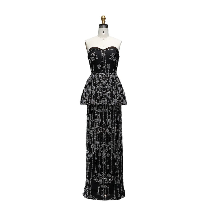 Elegant Black Strapless Evening Dress with Beaded Peplum Overlay SS635