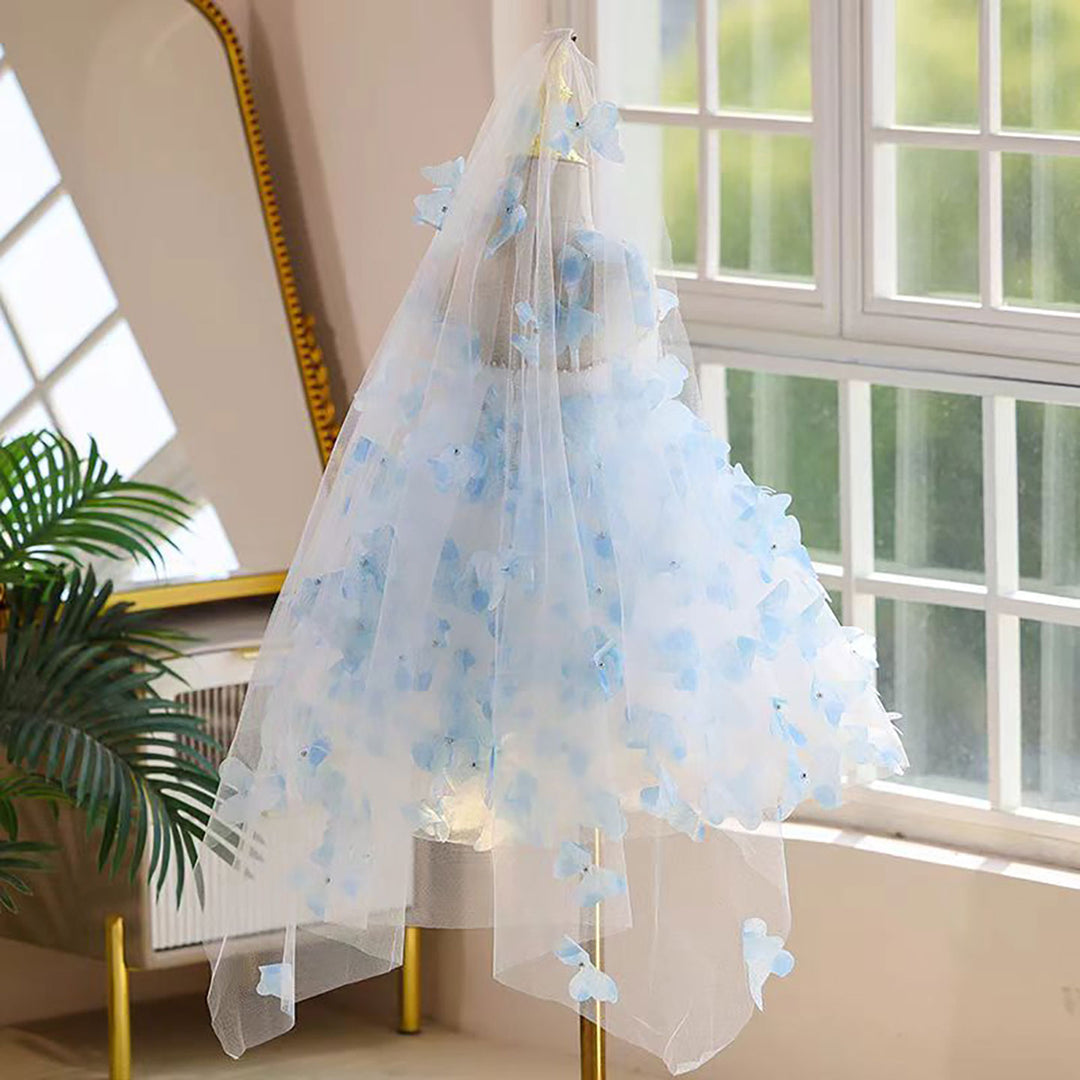 Butterfly Knee Length Birthday Party Flower Girl Dress Blue D090