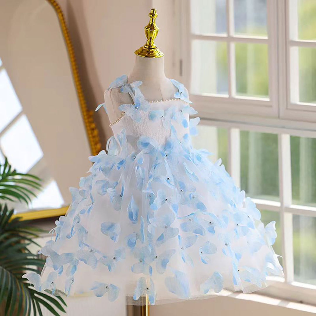 Butterfly Knee Length Birthday Party Flower Girl Dress Blue D090