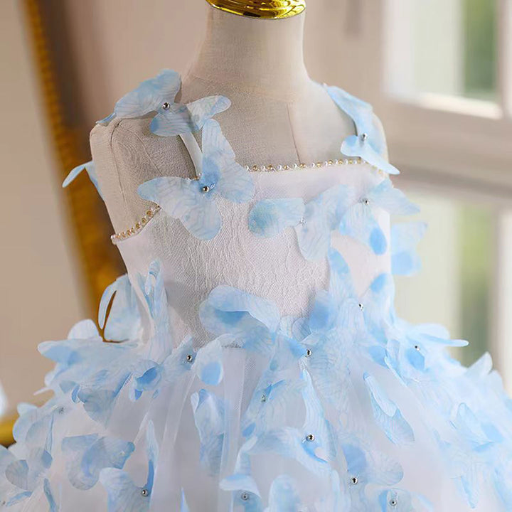 Butterfly Knee Length Birthday Party Flower Girl Dress Blue D090