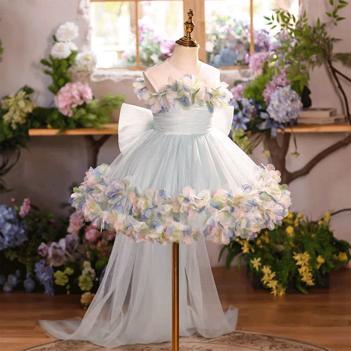 Luxury Blue Tulle 3D Flowers with Train Flower Girl Dress J877