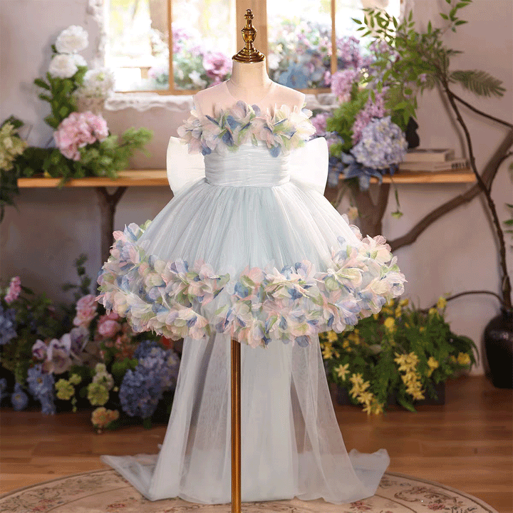 Luxury Blue Tulle 3D Flowers with Train Flower Girl Dress J877