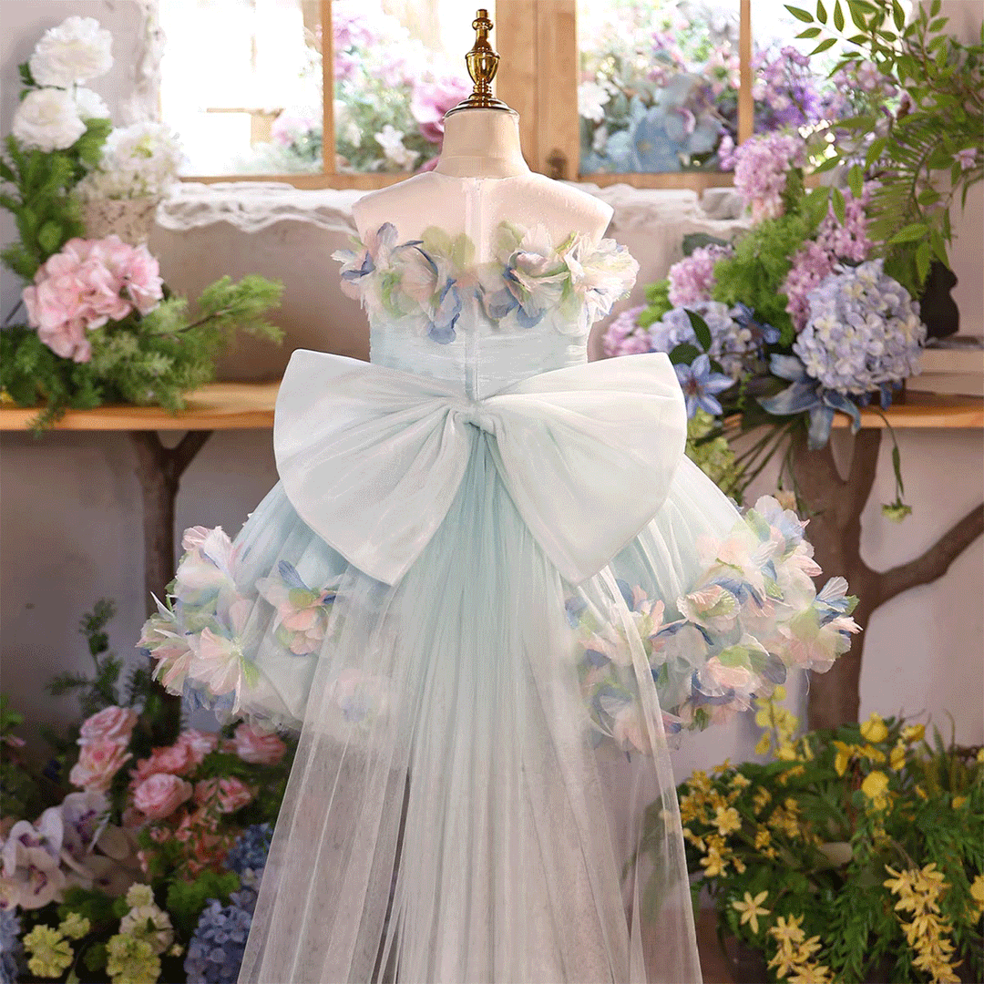 Luxury Blue Tulle 3D Flowers with Train Flower Girl Dress J877