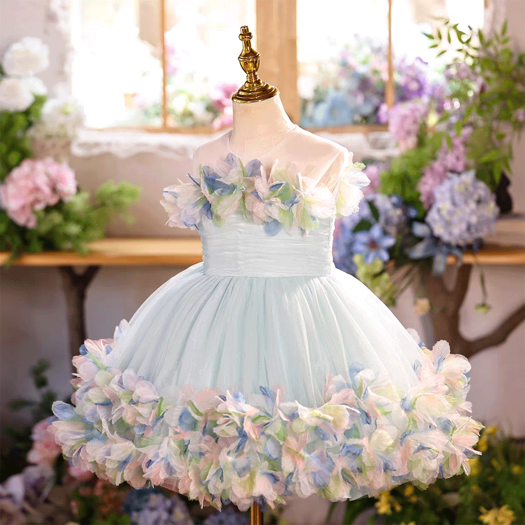 Luxury Blue Tulle 3D Flowers with Train Flower Girl Dress J877