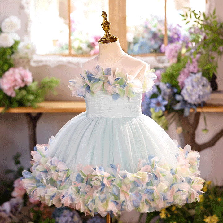 Luxury Blue Tulle 3D Flowers with Train Flower Girl Dress J877