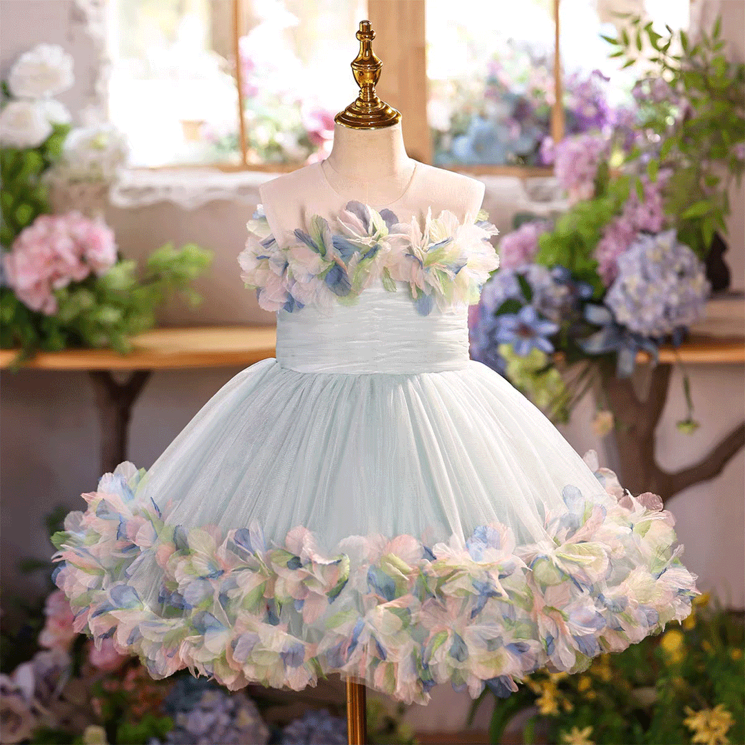 Luxury Blue Tulle 3D Flowers with Train Flower Girl Dress J877