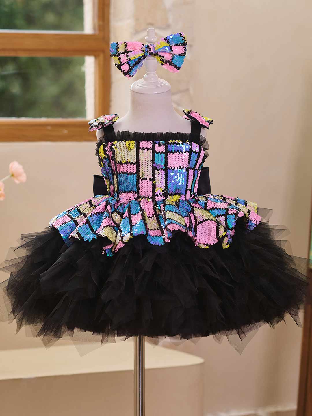 Colorful Sequin Bow Tulle Girls Birthday Dress J520