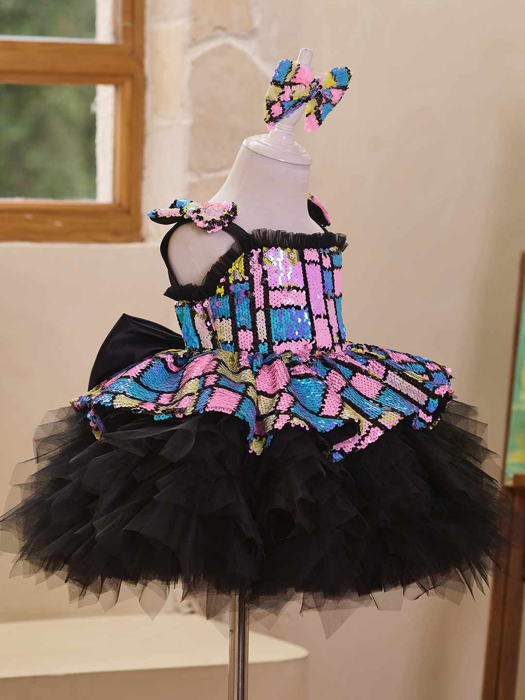 Colorful Sequin Bow Tulle Girls Birthday Dress J520