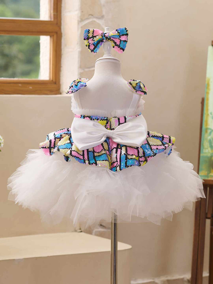 Colorful Sequin Bow White Tulle Girls Party Dress J522