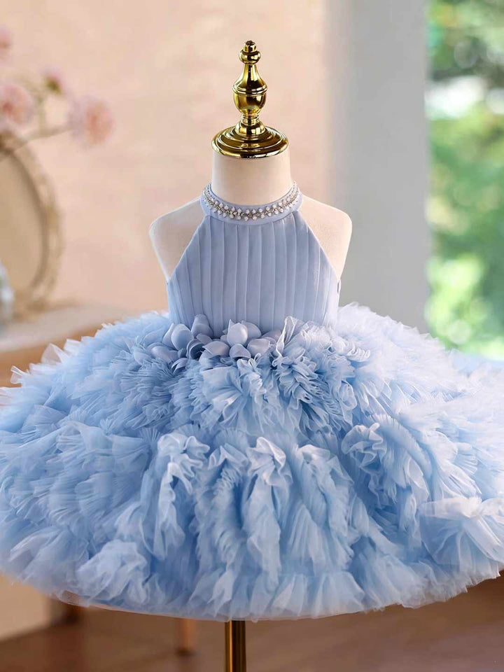 Pearl Halter Ruffle Tulle Girls Pageant Dress D010