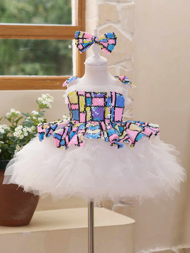 Colorful Sequin Bow White Tulle Girls Party Dress J522