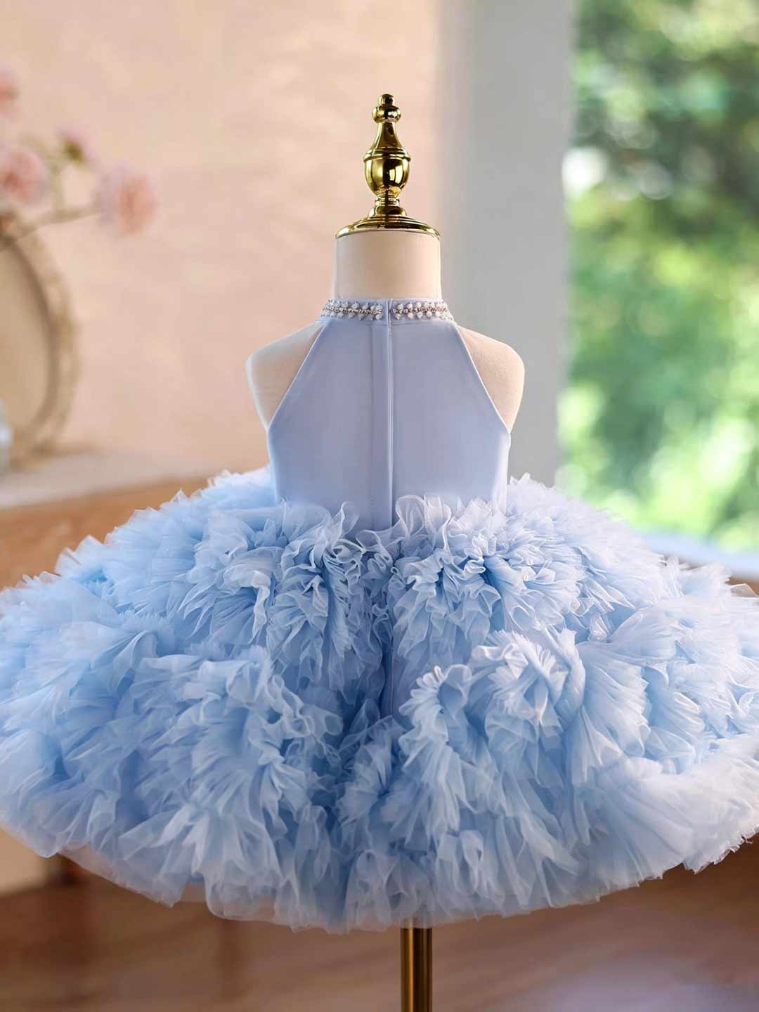 Pearl Halter Ruffle Tulle Girls Pageant Dress D010