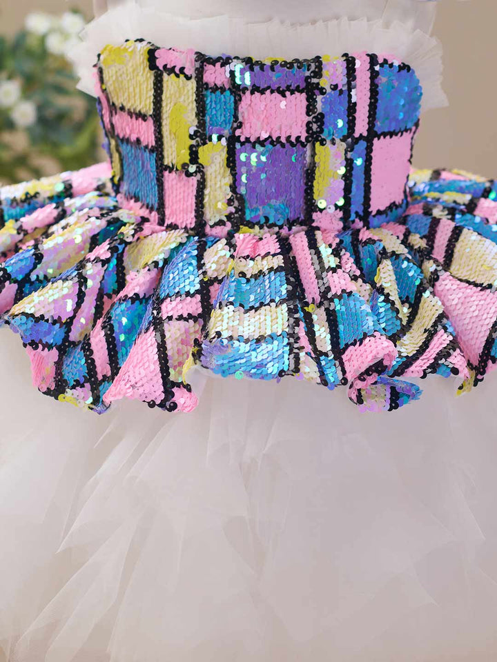 Colorful Sequin Bow White Tulle Girls Party Dress J522