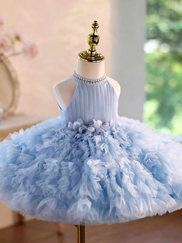 Pearl Halter Ruffle Tulle Girls Pageant Dress D010