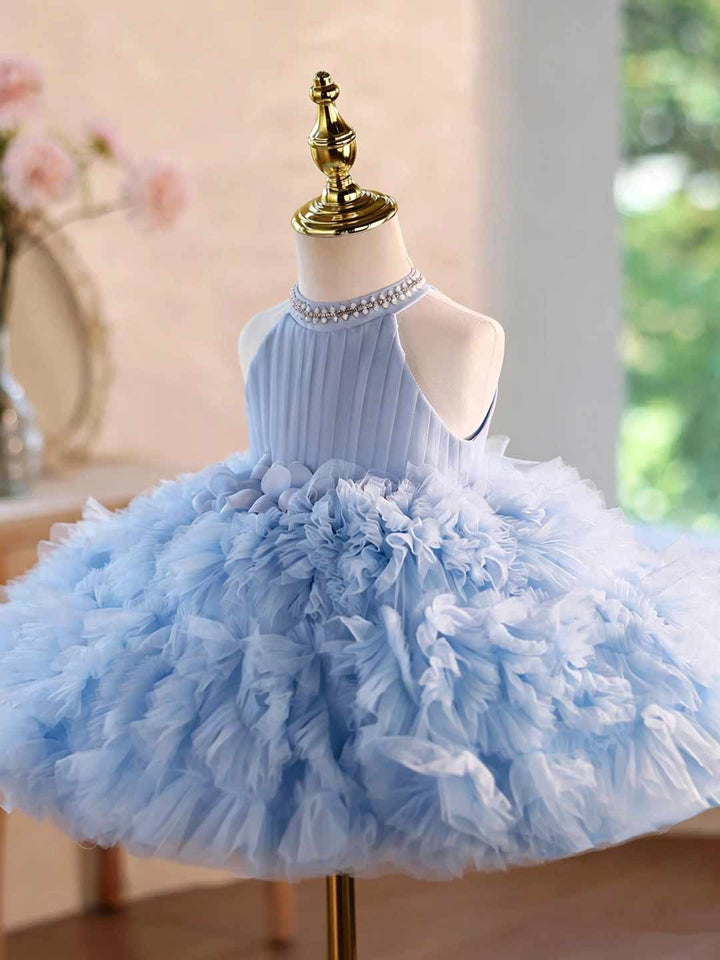 Pearl Halter Ruffle Tulle Girls Pageant Dress D010
