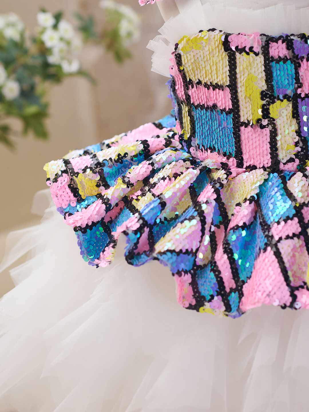 Colorful Sequin Bow White Tulle Girls Party Dress J522