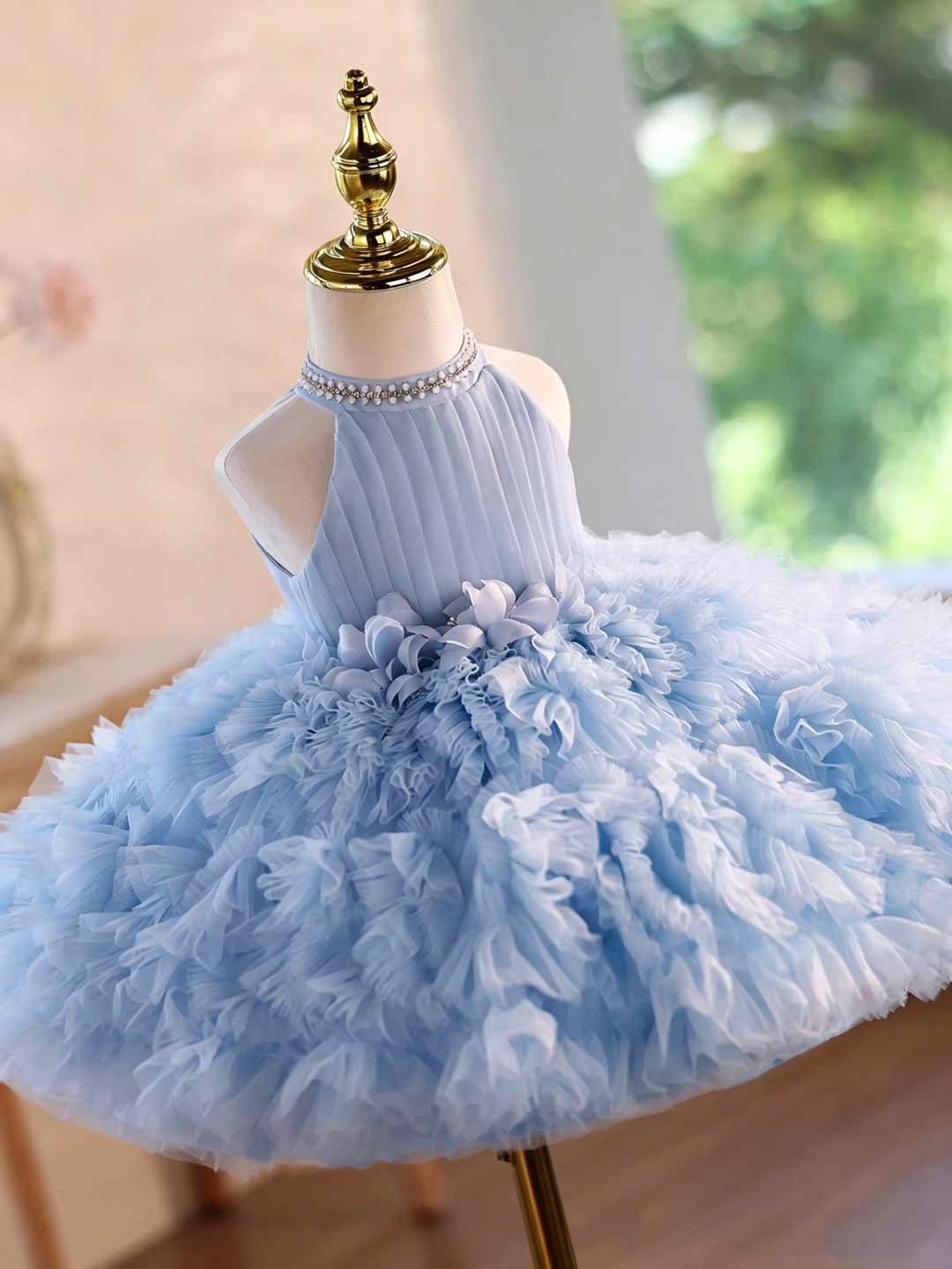 Pearl Halter Ruffle Tulle Girls Pageant Dress D010