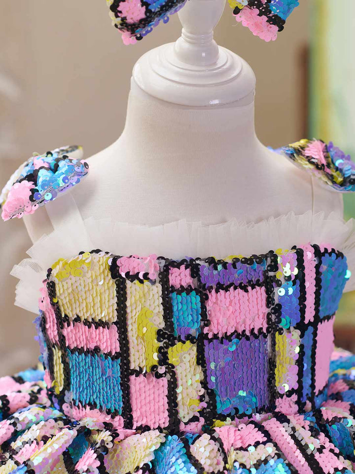 Colorful Sequin Bow White Tulle Girls Party Dress J522