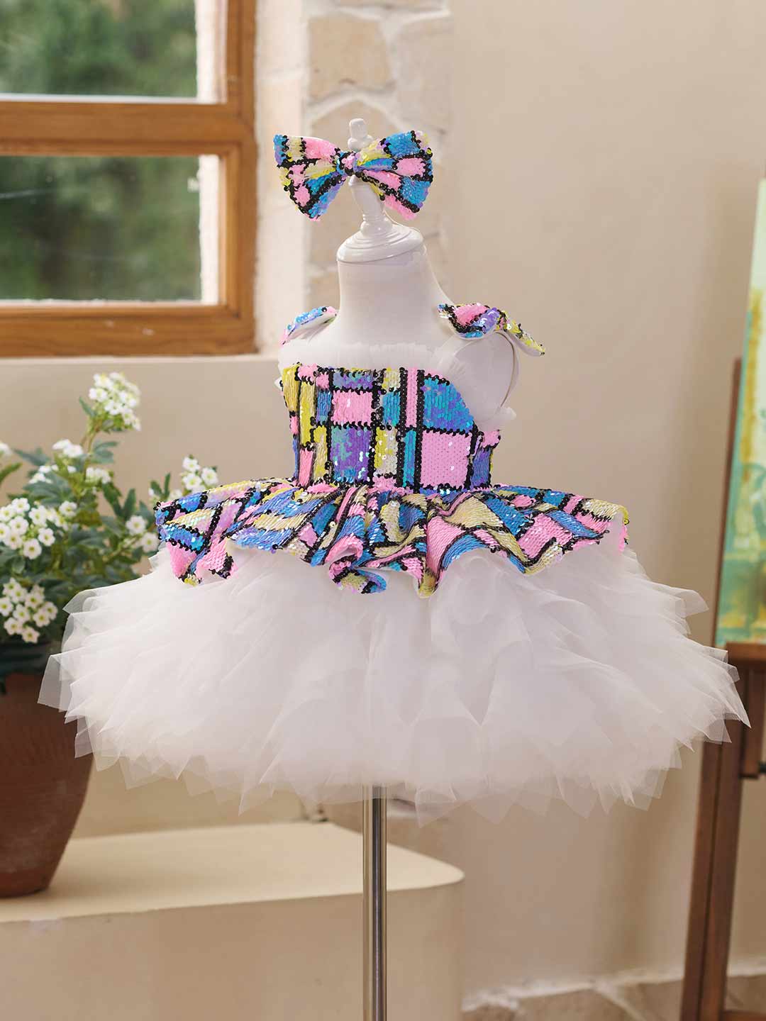 Colorful Sequin Bow White Tulle Girls Party Dress J522