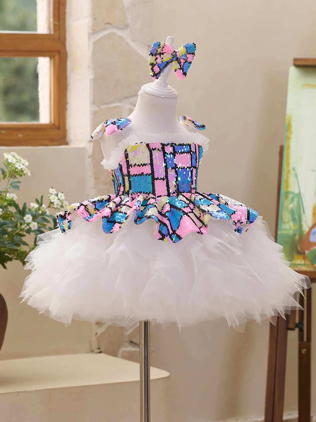 Colorful Sequin Bow White Tulle Girls Party Dress J522