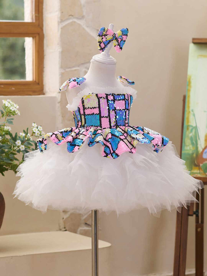 Colorful Sequin Bow White Tulle Girls Party Dress J522