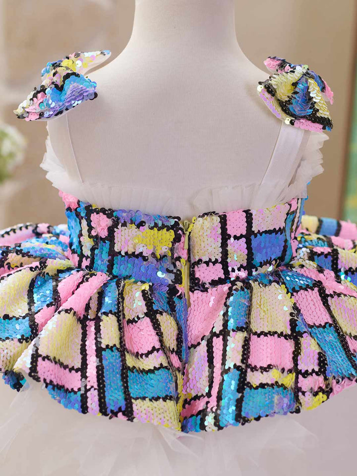 Colorful Sequin Bow White Tulle Girls Party Dress J522