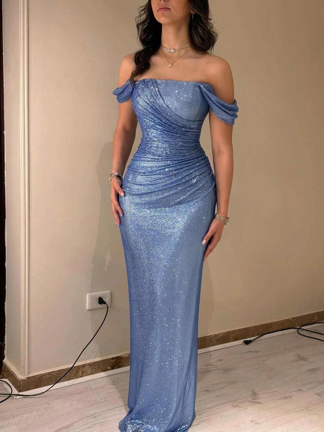 Luxury Blue Off-Shoulder Ruched Prom Dress SS671