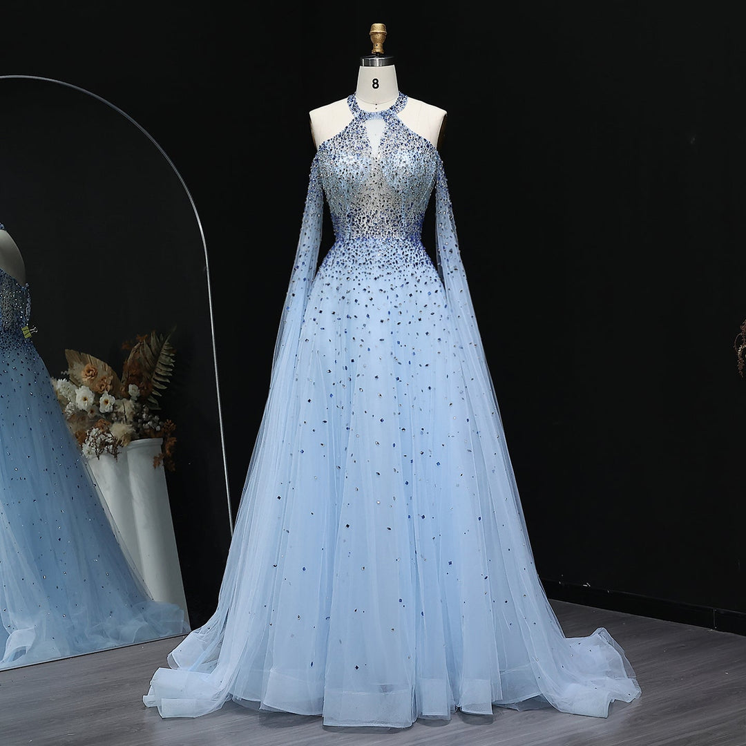 Luxury Crystal Halter Blue Evening Dress with Cape Sleeve SS096
