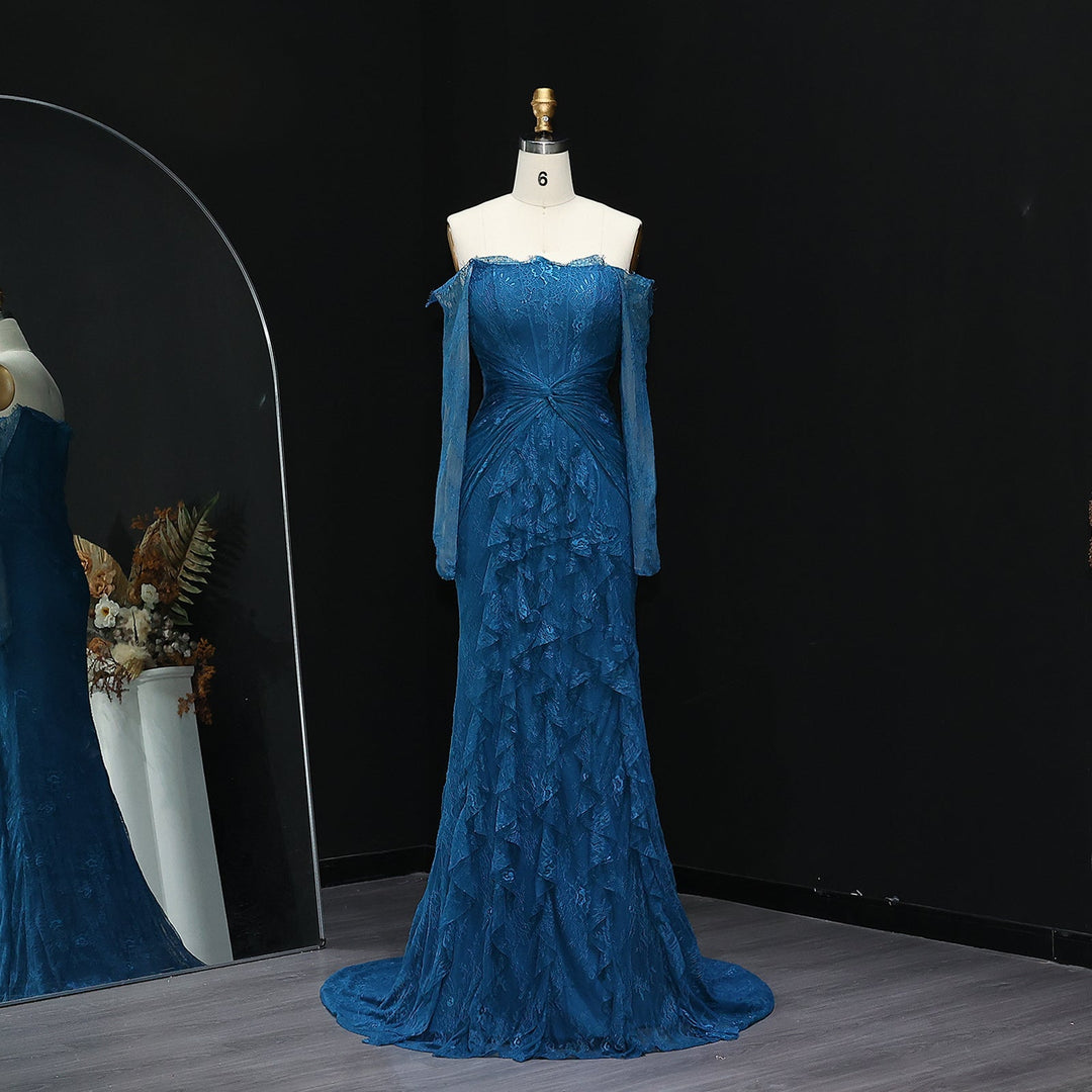 Elegant Blue Off Shoulder Lace Evening Dress SD519