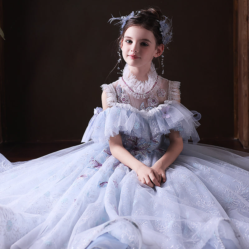 Luxury Blue Princess Pageant Dress with Off Shoulder Design J338