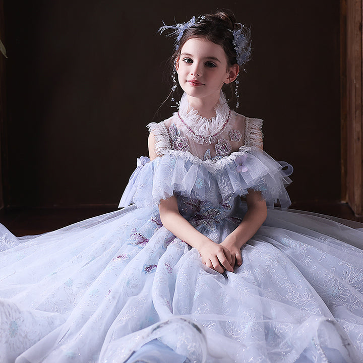 Luxury Blue Princess Pageant Dress with Off Shoulder Design J338